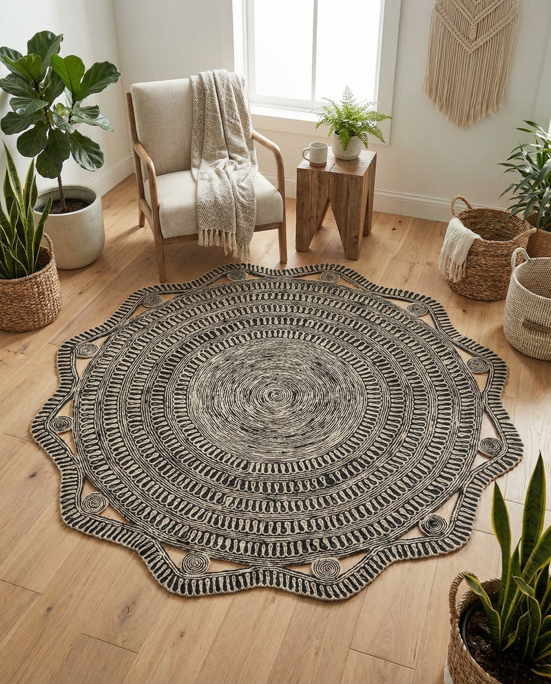 Woven Seaside Jute Collection Area Rug - Nantucket Round Black and White  lifestyle 54