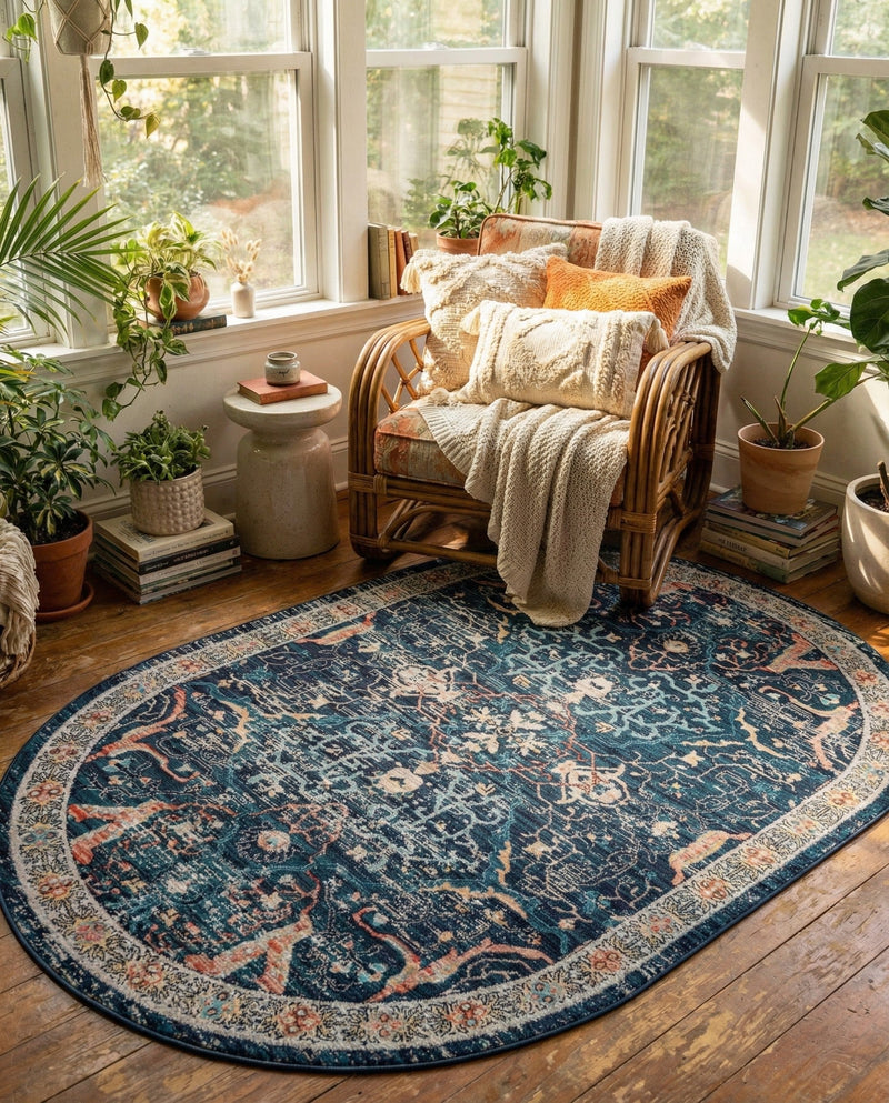 Seville Stripes Collection Area Rug -  Malaga (Navy Blue) Oval Navy Blue  lifestyle 62
