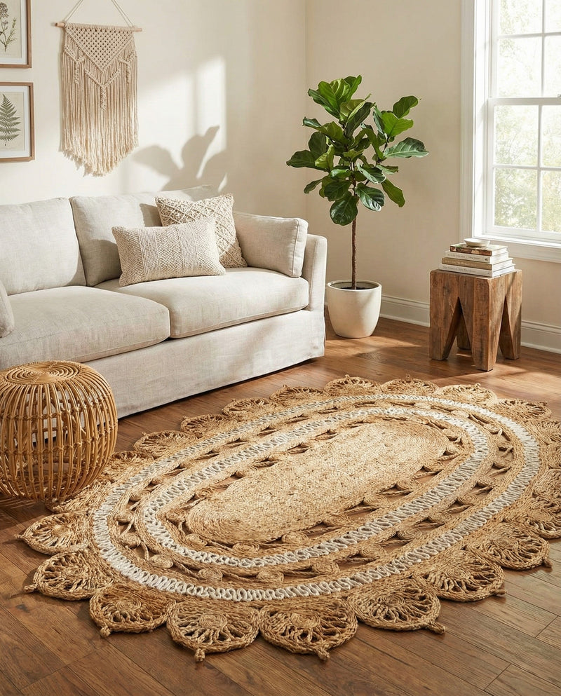 Woven Seaside Jute Collection Area Rug - Coastalhaven (Natural and White) Oval Natural and White  lifestyle 21