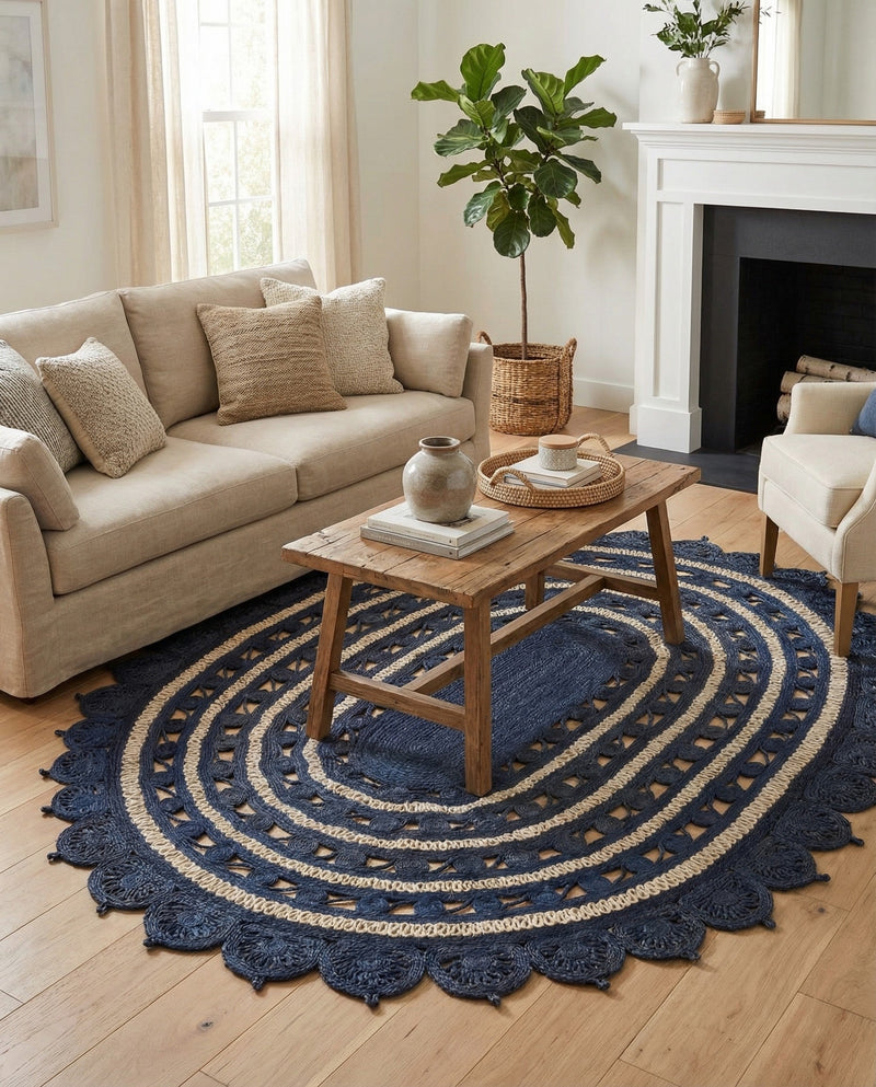 Woven Seaside Jute Collection Area Rug - Coastalhaven (Navy Blue and White) Oval Navy Blue and White  lifestyle 8