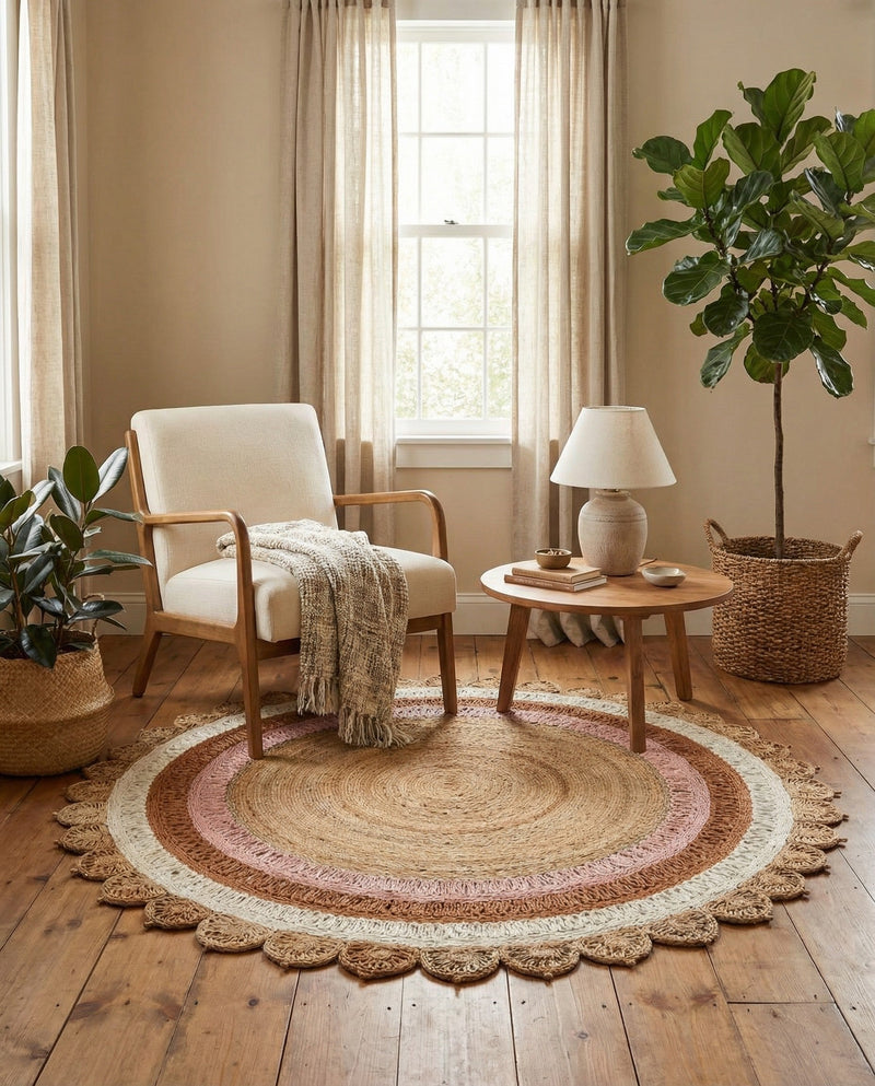Woven Seaside Jute Collection Area Rug - Coastalhaven (Natural White Orange Pink) Round Natural White Orange Pink  lifestyle 6
