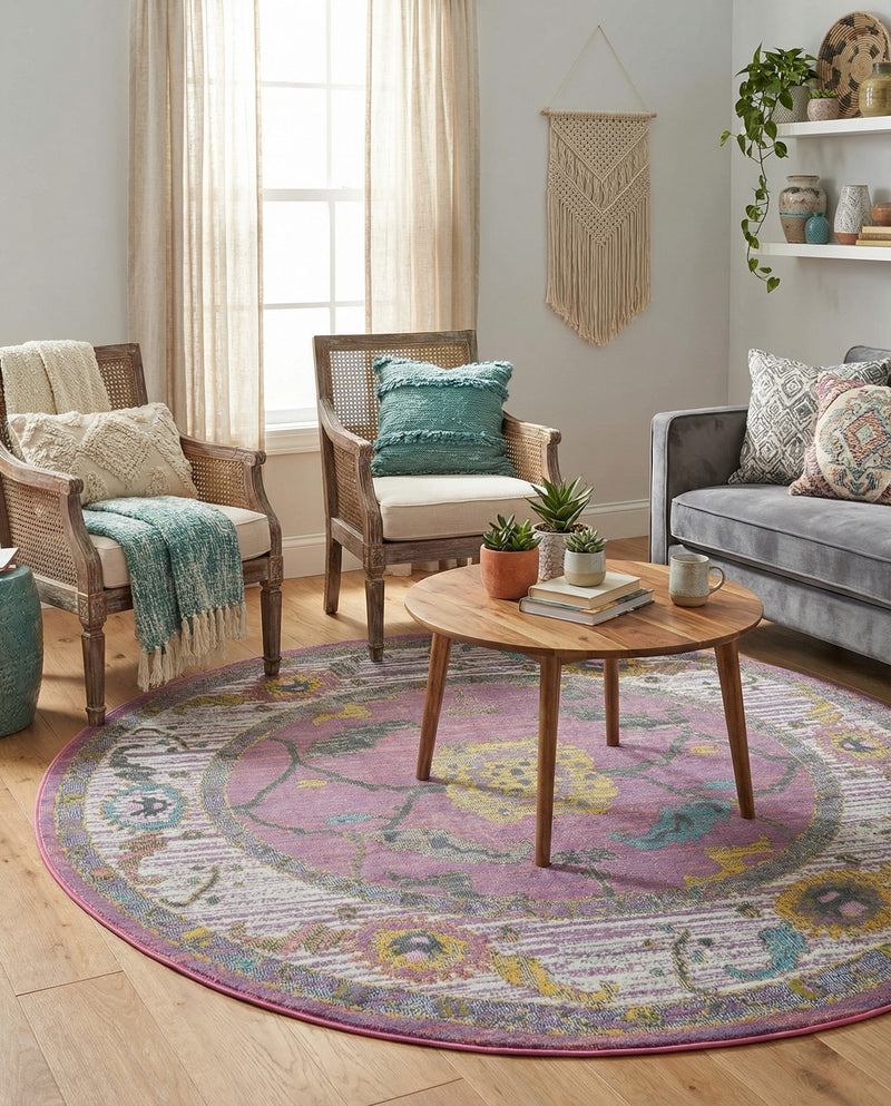 Arcadia Rugs Collection Area Rug - Eden (Pink) Round Pink  lifestyle 53