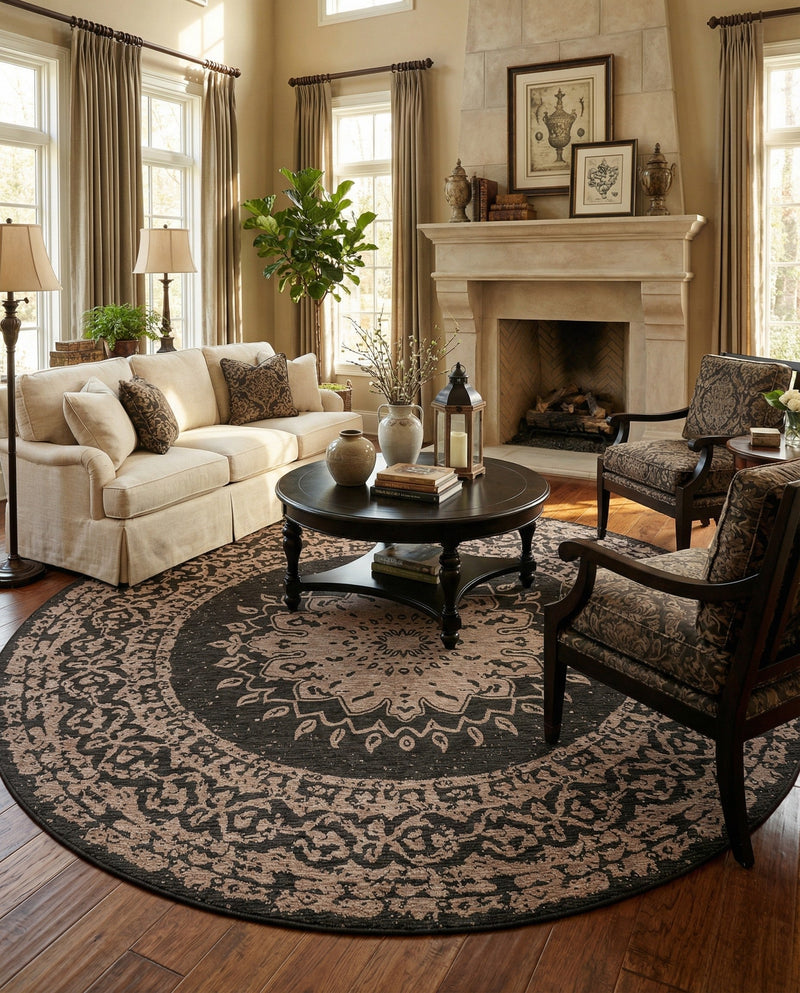Patio Heritage Collection Area Rug -  Lafayette (Black) Round Black  lifestyle 58