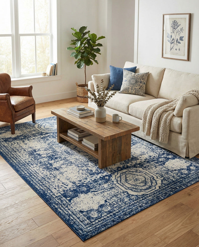 Dover Terrace Collection Area Rug -  Lagoon (Ivory and Blue) Rectangle Ivory and Blue  lifestyle 17
