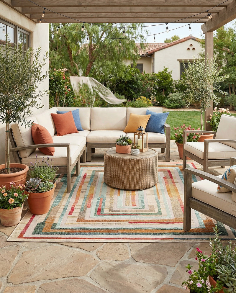 Outdoor Marrakesh Collection Area Rug -  Ouarzazate Square Multi Beige  lifestyle 66