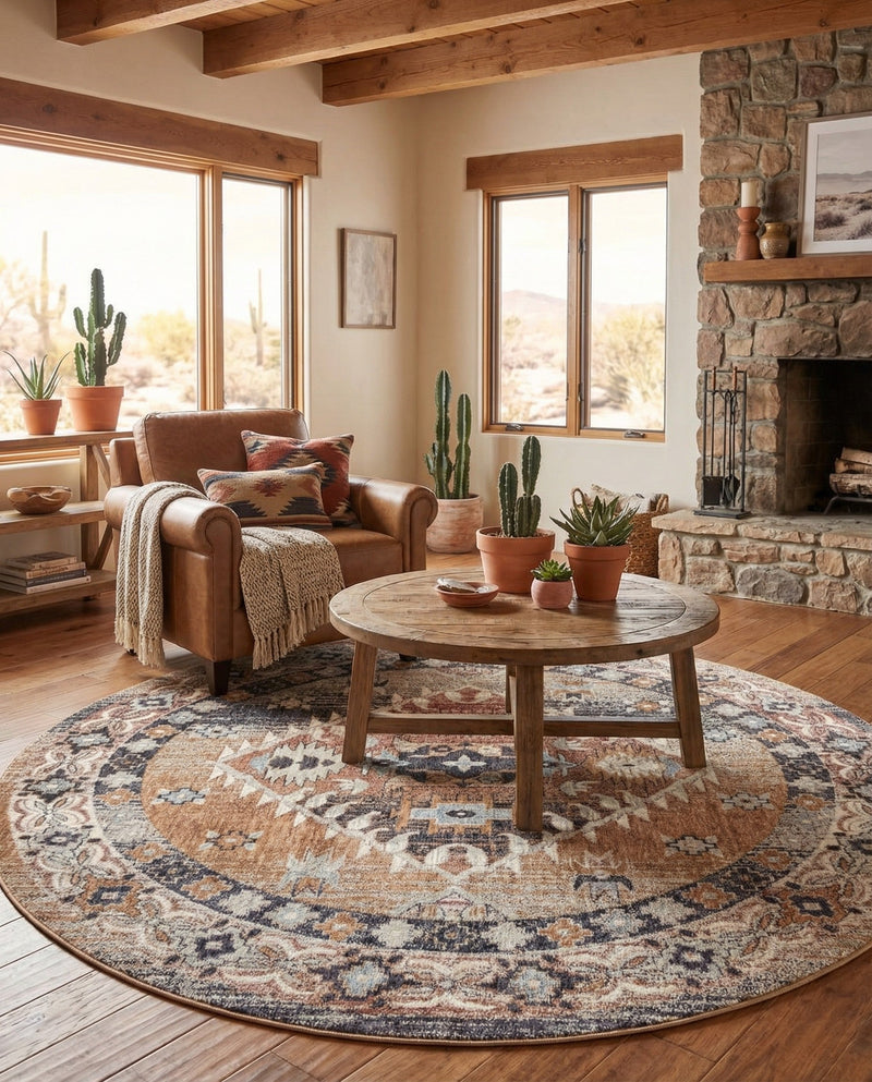 Desert Modern Eco Rug Series Collection Area Rug -  Navajo Round Khaki Gray  lifestyle 76