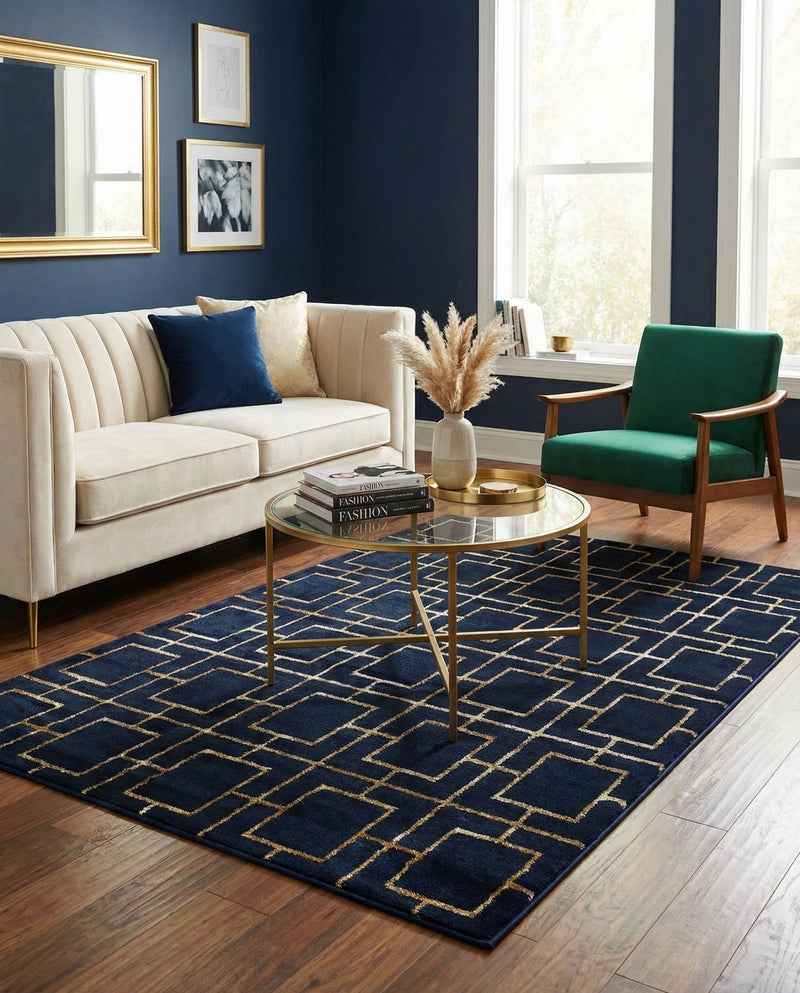 Hollywood Luxe Collection Area Rug -  Beverly (Navy Blue Gold) Rectangle Navy Blue Gold  lifestyle 12
