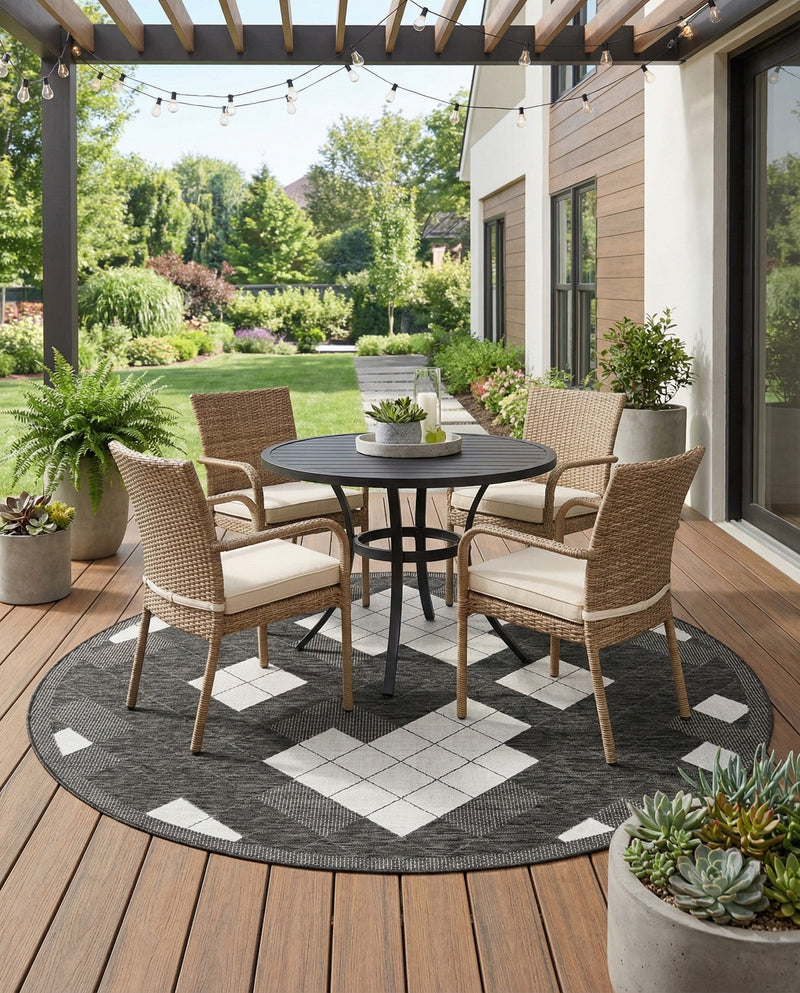 Urban Terrace Collection Area Rug -  Williamsburg Round Black and White  lifestyle 69
