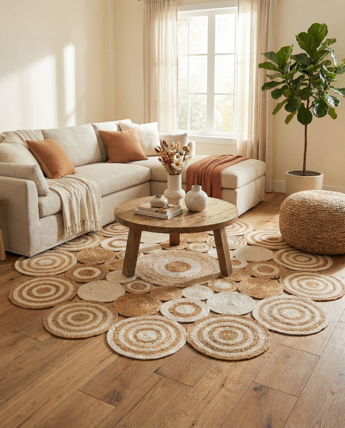 Woven Seaside Jute Collection Area Rug - Sienna Round Natural and White  lifestyle 15