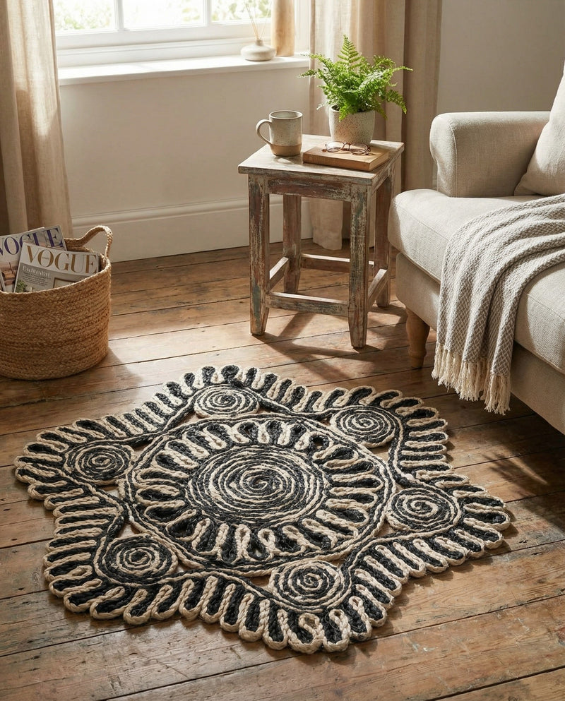 Woven Seaside Jute Collection Area Rug - Nantucket Round Black and White  lifestyle 11