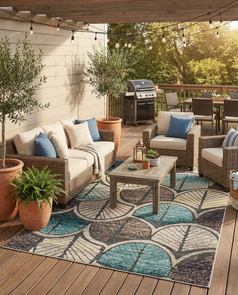 Outdoor Marrakesh Collection Area Rug -  Rabat Rectangle Gray Blue Ivory  lifestyle 8