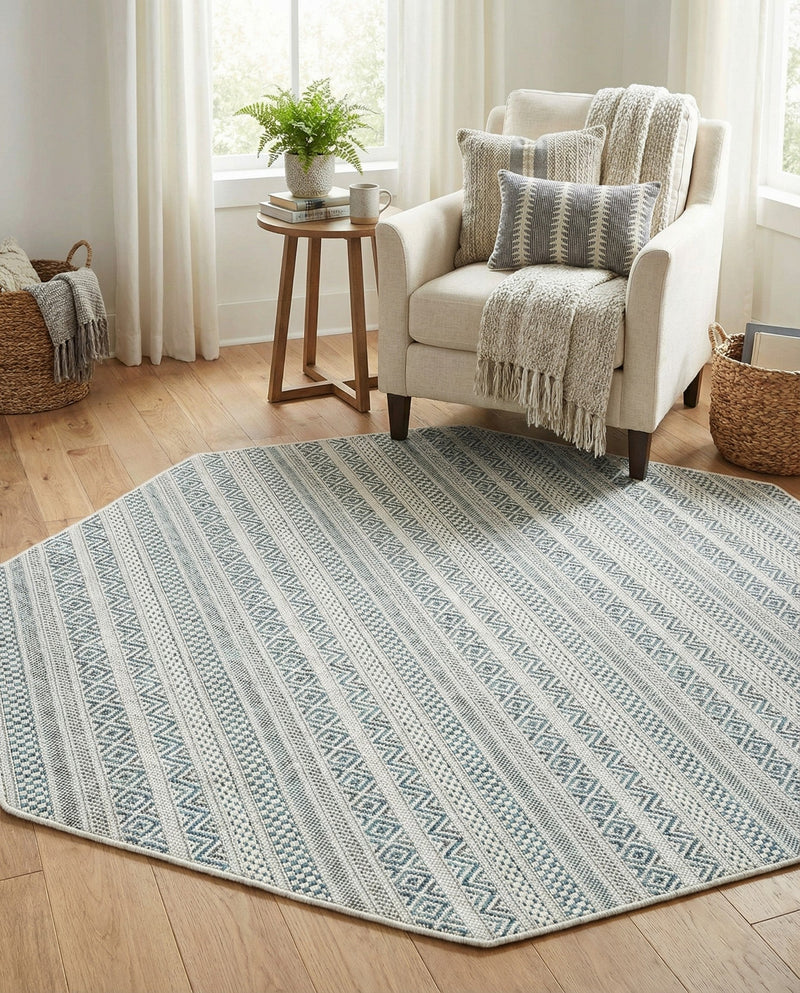 Seaside Stripes Collection Area Rug -  Boardwalk (Teal) Octagon Teal  lifestyle 35