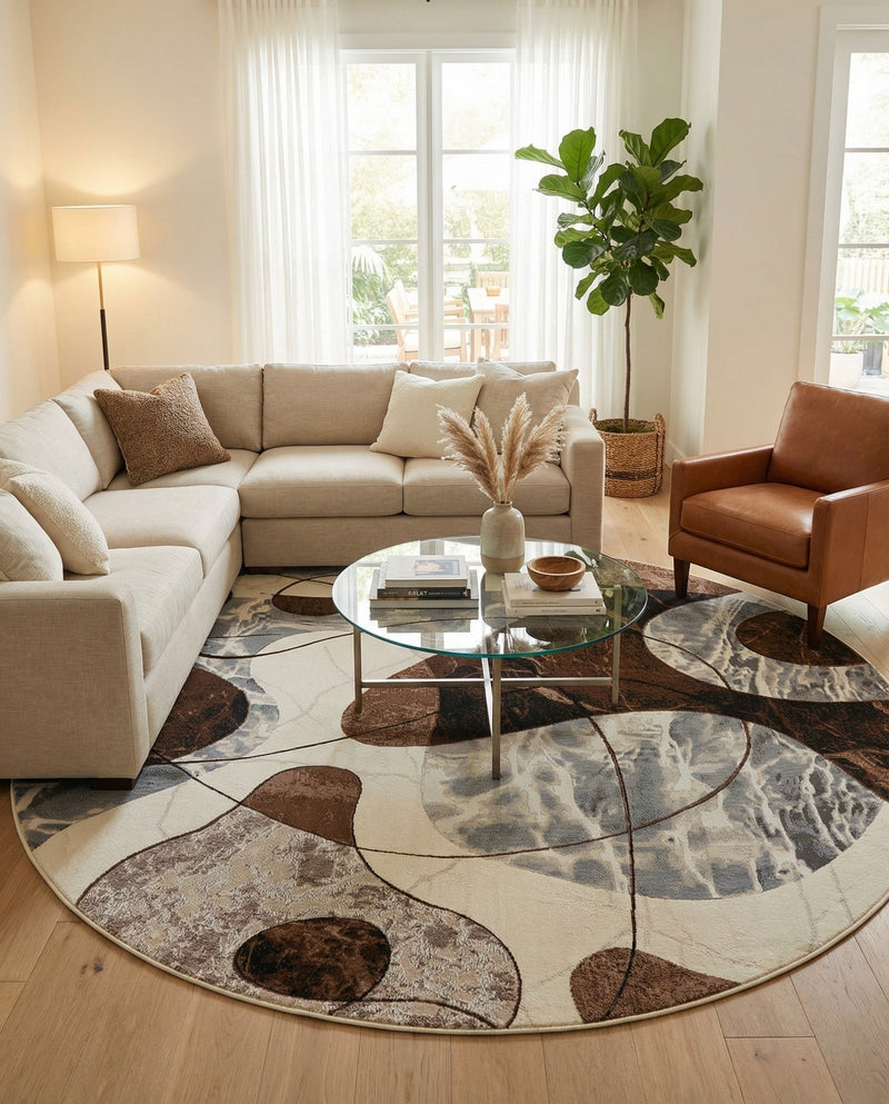 Urban Terrace Collection Area Rug -  Garden Round Brown and White  lifestyle 45