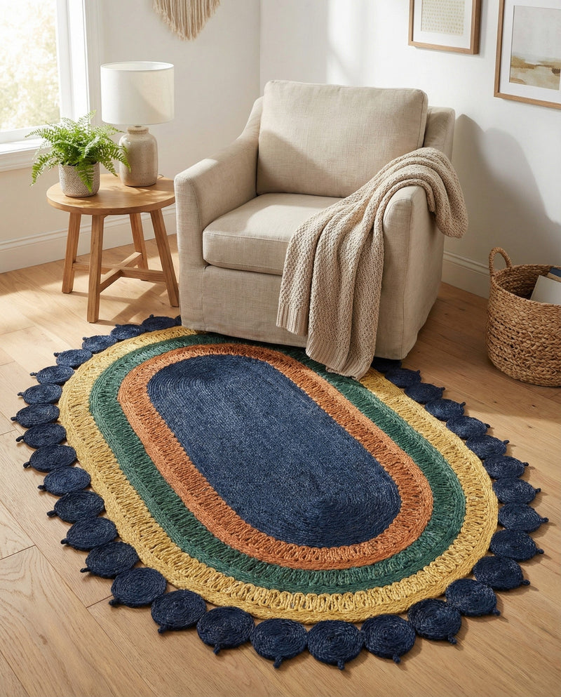 Woven Seaside Jute Collection Area Rug - Coastalhaven (Navy Blue Yellow Green) Oval Navy Blue Yellow Green  lifestyle 9