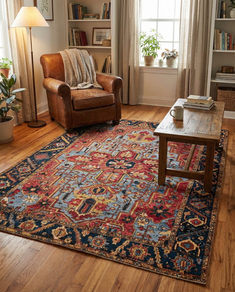 Patio Heritage Collection Area Rug -  Garden Rectangle Rust Red and Blue  lifestyle 23