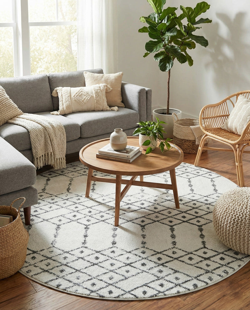 Marrakesh Lattice Collection Area Rug - Casablanca (Ivory Black) Round Ivory Black  lifestyle 62