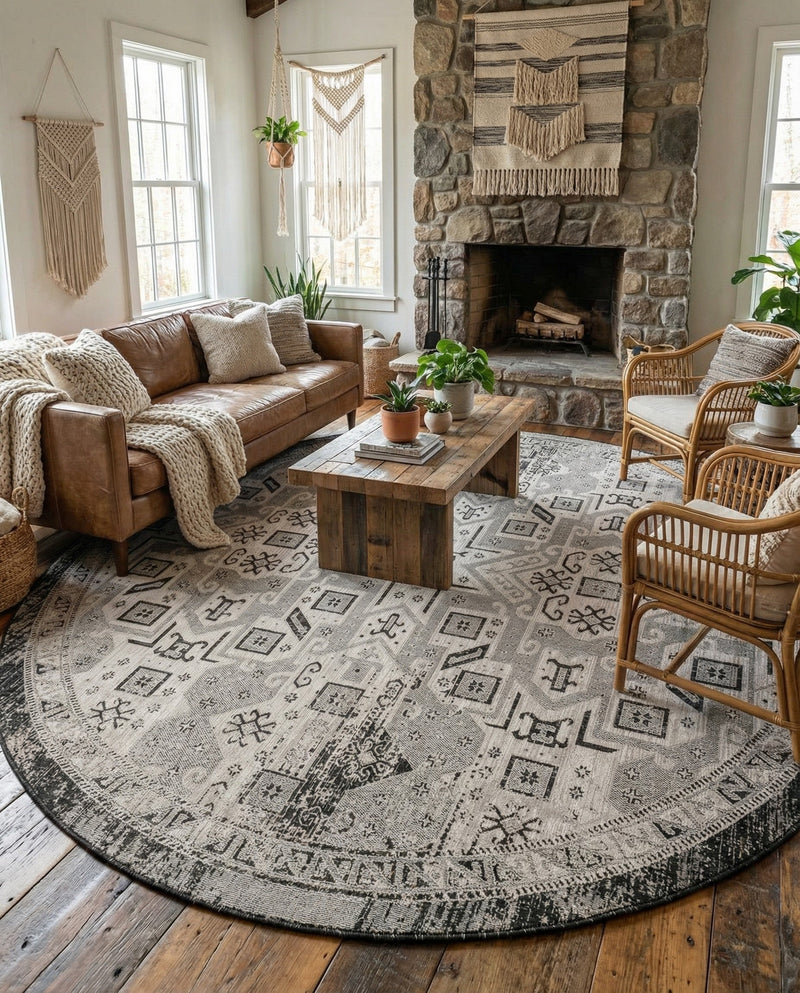 Tribal Terrace Treasures Collection Area Rug - Mayan Marina (Charcoal Gray) Round Charcoal Gray  lifestyle 49