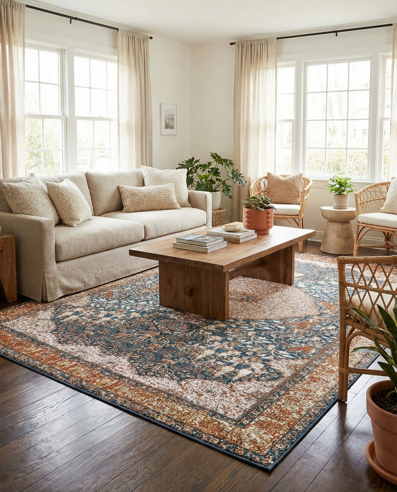 Patio Heritage Collection Area Rug -  Courtyard Rectangle Navy Blue and Light Pink  lifestyle 29