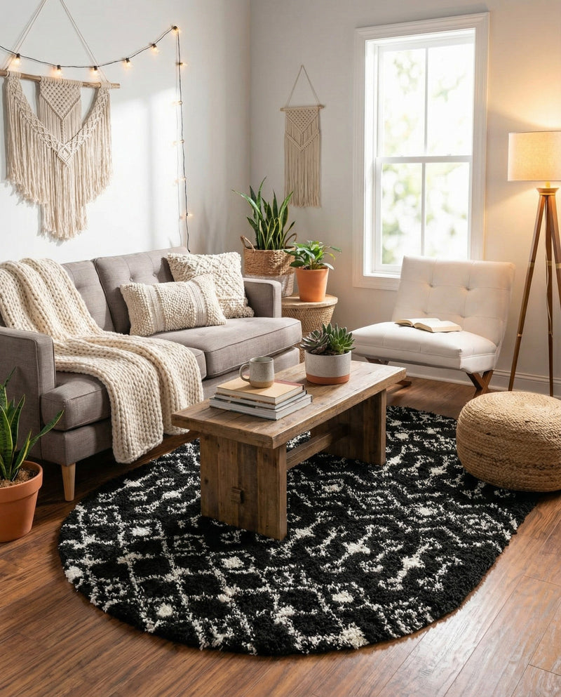 Berber Lattice Shag Collection Area Rug - Atlas (Black and White) Oval Black and White  lifestyle 21
