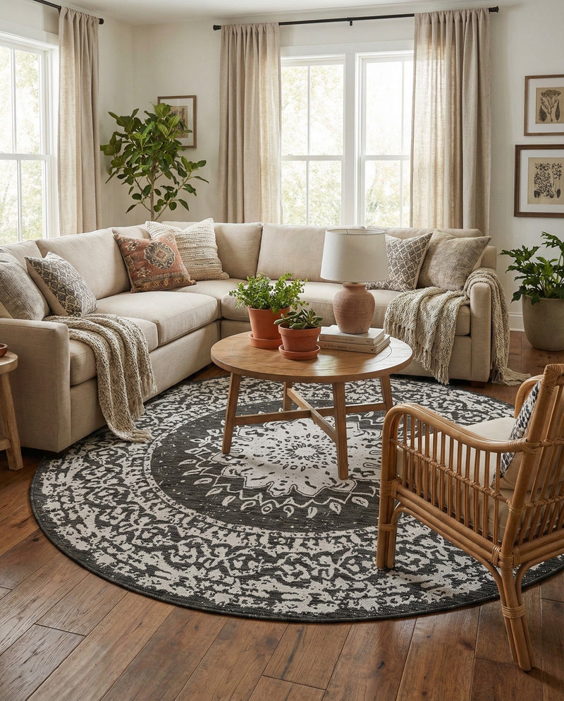 Patio Heritage Collection Area Rug -  Lafayette (Black and White) Round Black and White  lifestyle 26
