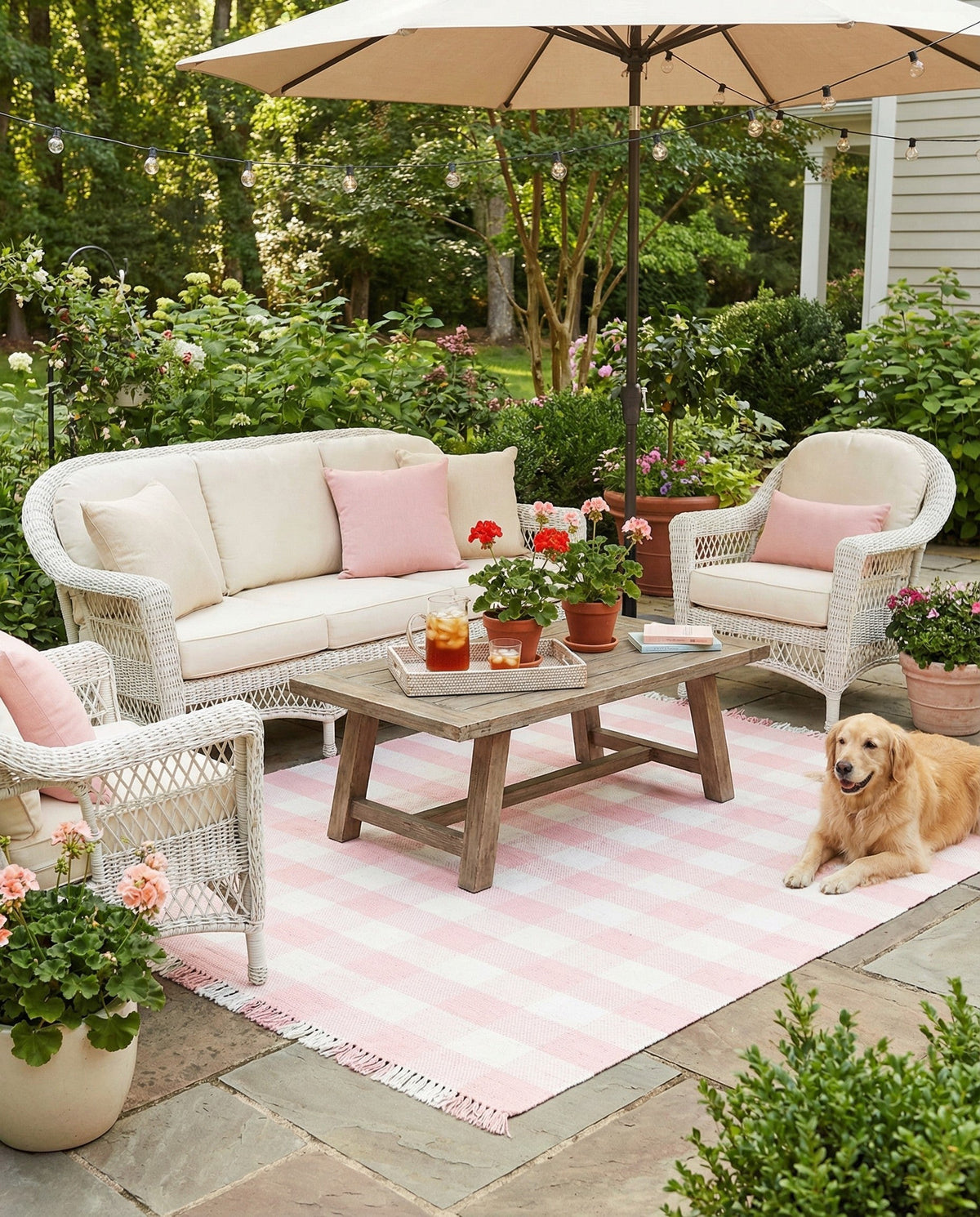 Sustainable Grid Indoor-Outdoor Oasis Collection Area Rug - Savannah Square Pink  lifestyle 191