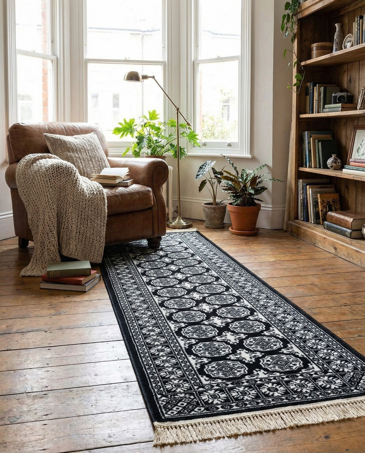 Samarkand Elegance Collection Area Rug -  Margilan (Black and White) Runner Black and White  lifestyle 75