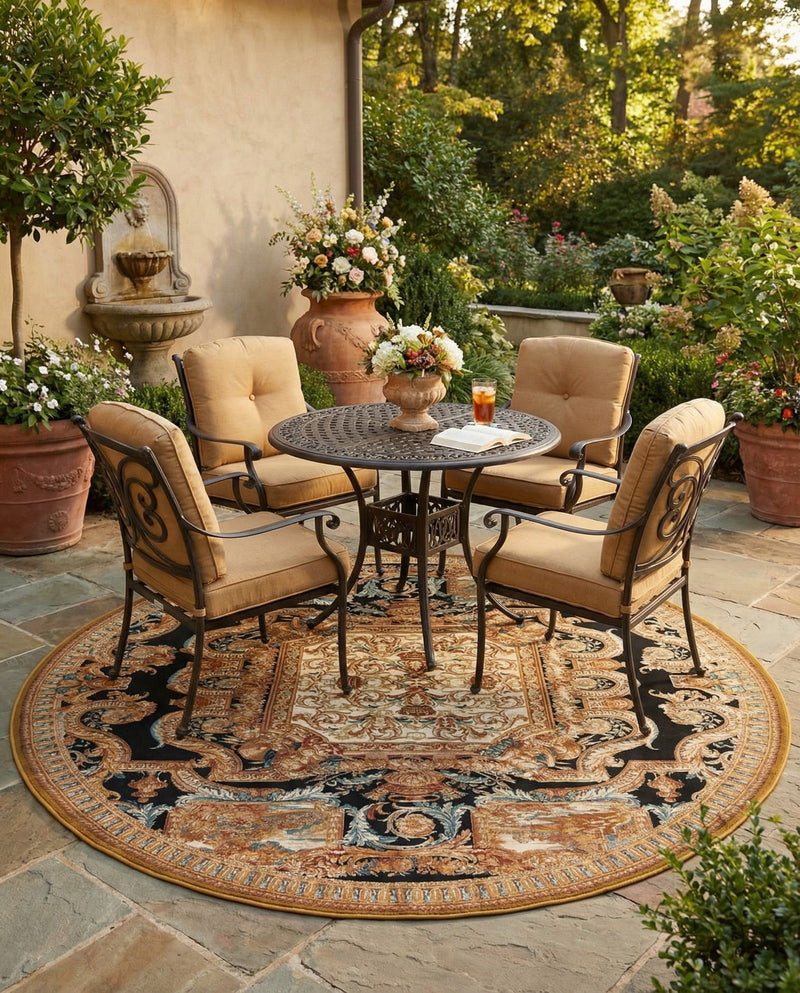 Patio Heritage Collection Area Rug - Veranda Round Black Gold Brown  lifestyle 59