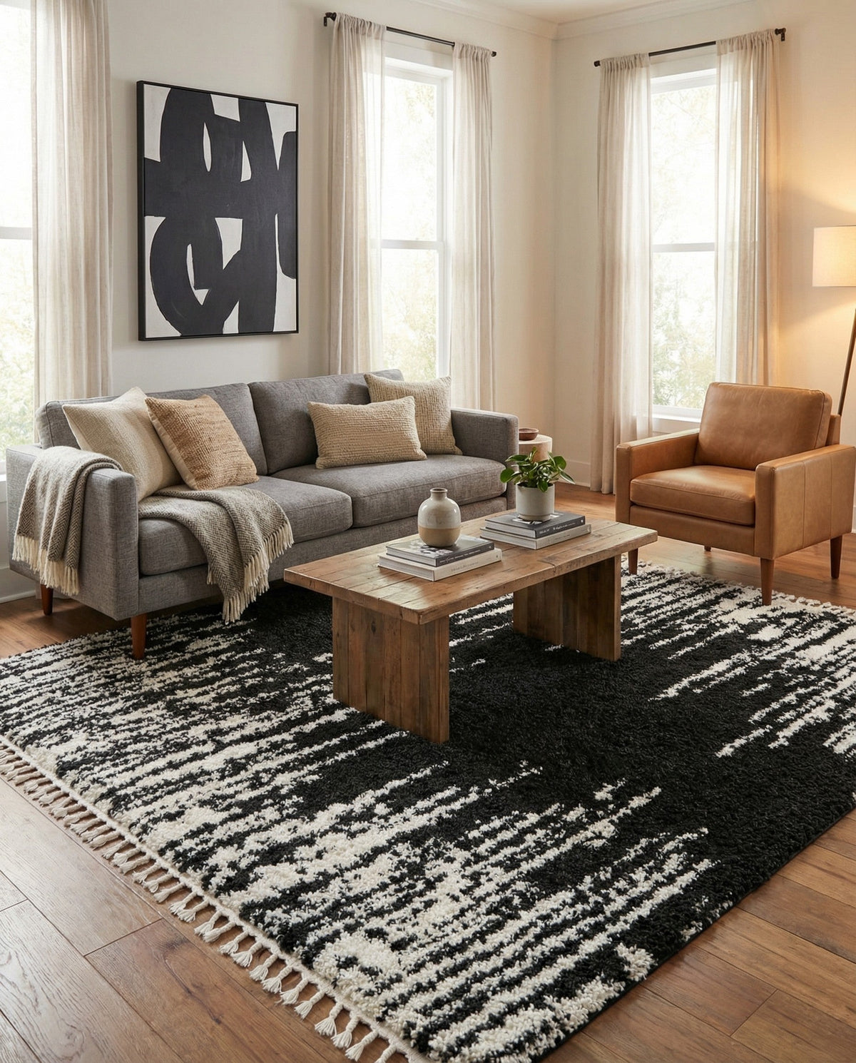 Tranquil Tides Shag Collection Area Rug - Marina Square Black and White  lifestyle 97