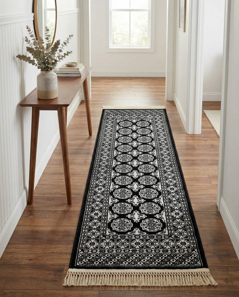 Samarkand Elegance Collection Area Rug -  Margilan (Black and White) Runner Black and White  lifestyle 78