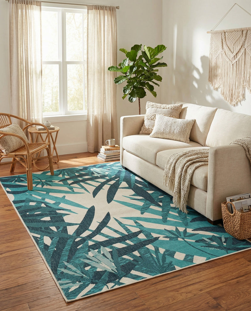 Seaside Blooms Collection Area Rug -  Provence Rectangle Teal blue  lifestyle 6
