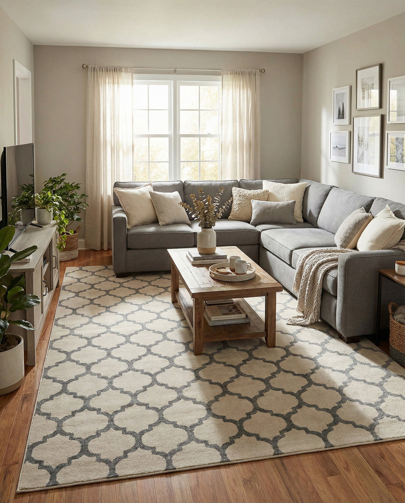 Lattice Gardens Collection Area Rug -  Bloomfield (Beige and Gray) Rectangle Beige and Gray  lifestyle 7