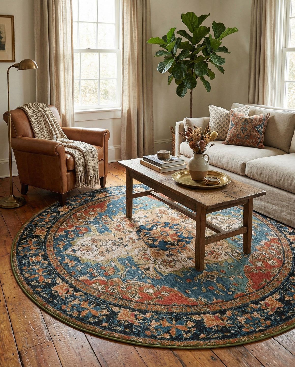 Patio Heritage Collection Area Rug -  Grove Round Navy Blue and Rust Red  lifestyle 85