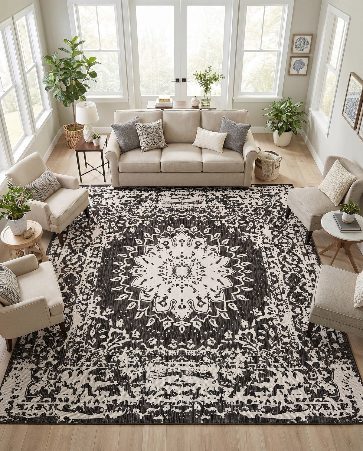 Patio Heritage Collection Area Rug -  Lafayette (Black and White) Square Black and White  lifestyle 92
