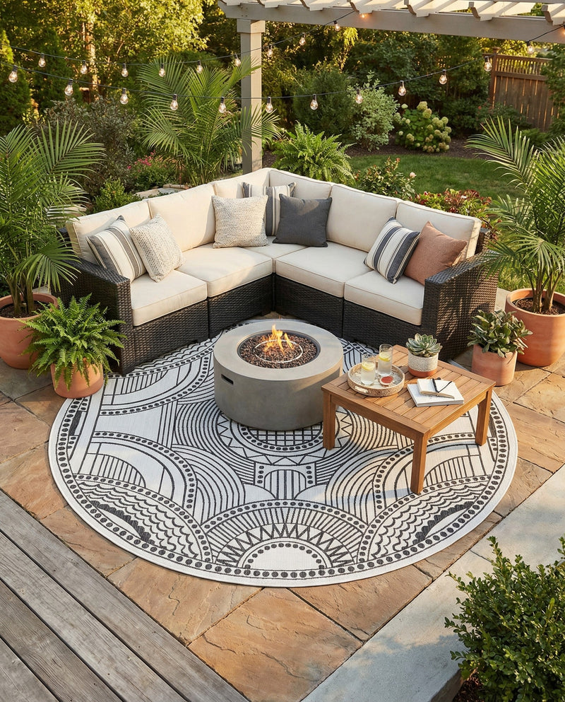 Patio Heritage Collection Area Rug -  Asheville Round White and Black  lifestyle 76