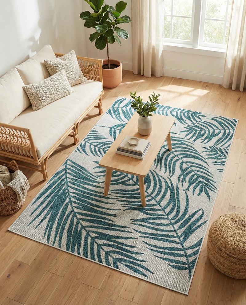 Seaside Blooms Collection Area Rug - Verdure (Teal Ivory) Rectangle Teal Ivory  lifestyle 9