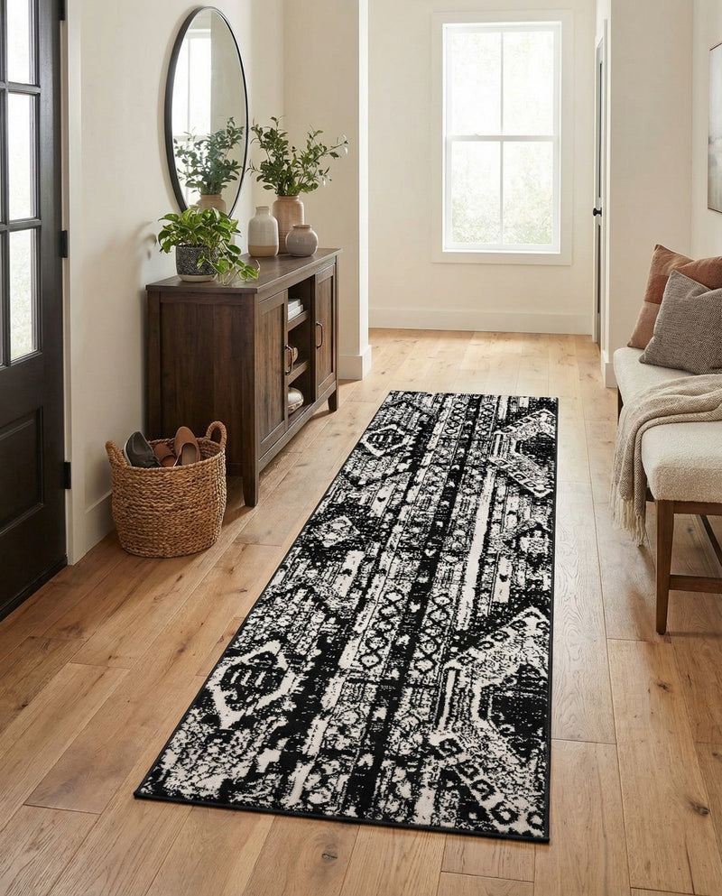 Cascade Range Collection Area Rug - Hood (Black and White) Runner Black and White  lifestyle 29