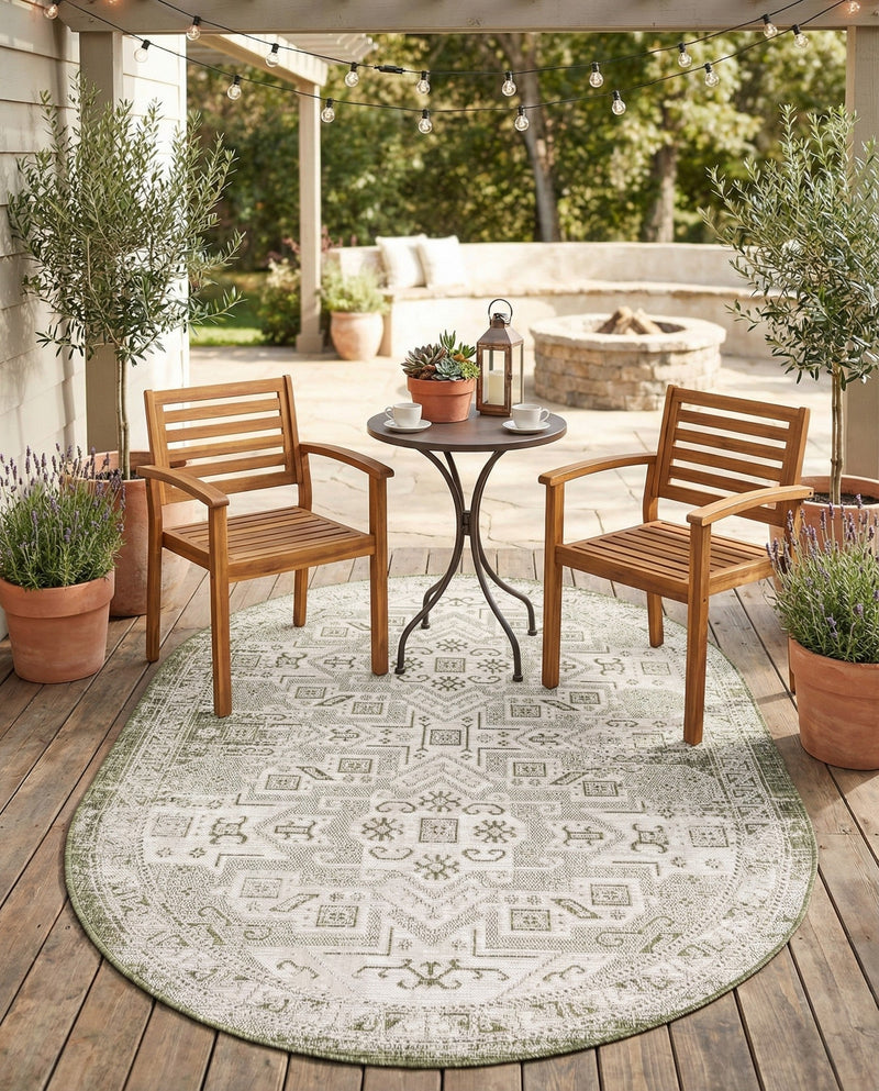 Tribal Terrace Treasures Collection Area Rug - Mayan Marina (Green) Oval Green  lifestyle 81