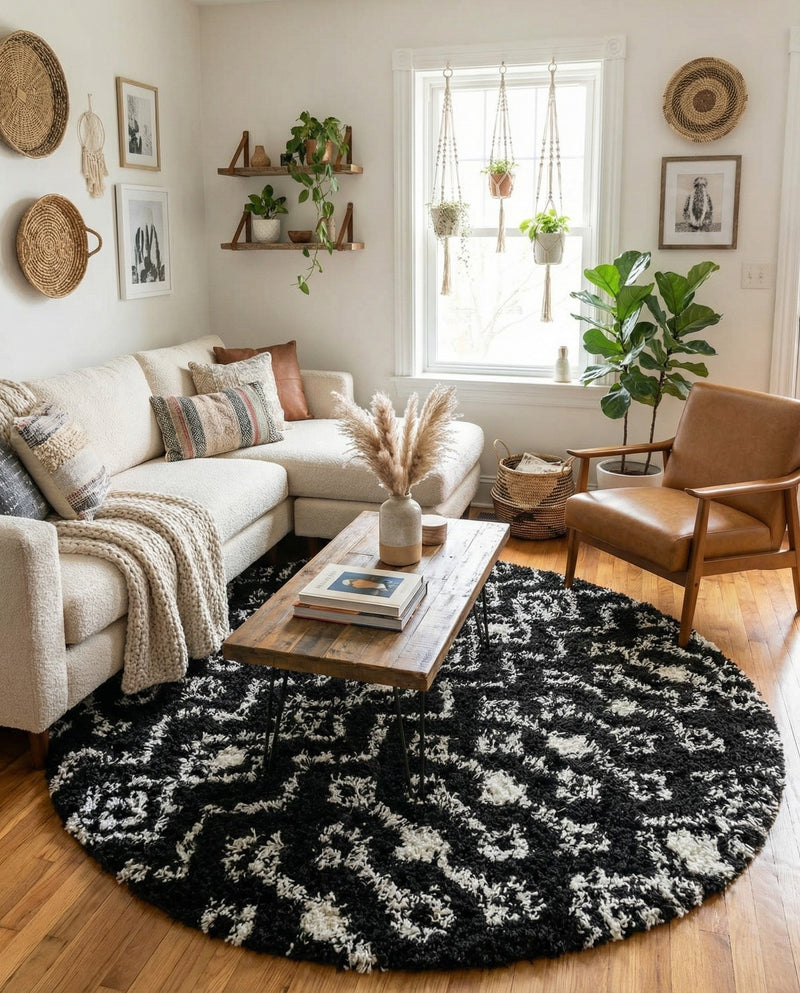 Berber Lattice Shag Collection Area Rug - Atlas (Black and White) Round Black and White  lifestyle 22