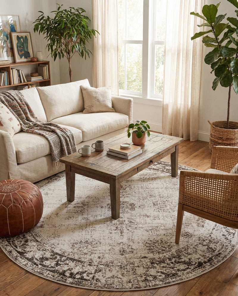 Riviera Elegance Collection Area Rug - Antibes (Beige) Round Beige  lifestyle 94