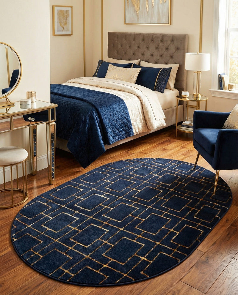Hollywood Luxe Collection Area Rug -  Beverly (Navy Blue Gold) Oval Navy Blue Gold  lifestyle 60