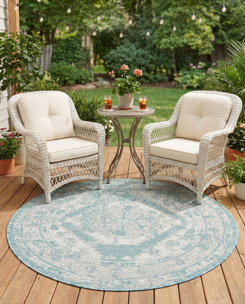 Patio Heritage Collection Area Rug -  Augusta (Aqua) Round Aqua  lifestyle 67