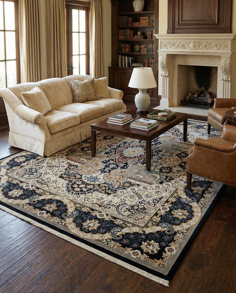 Persian Elegance Collection Area Rug -  Shiraz Rectangle Navy Blue  lifestyle 17