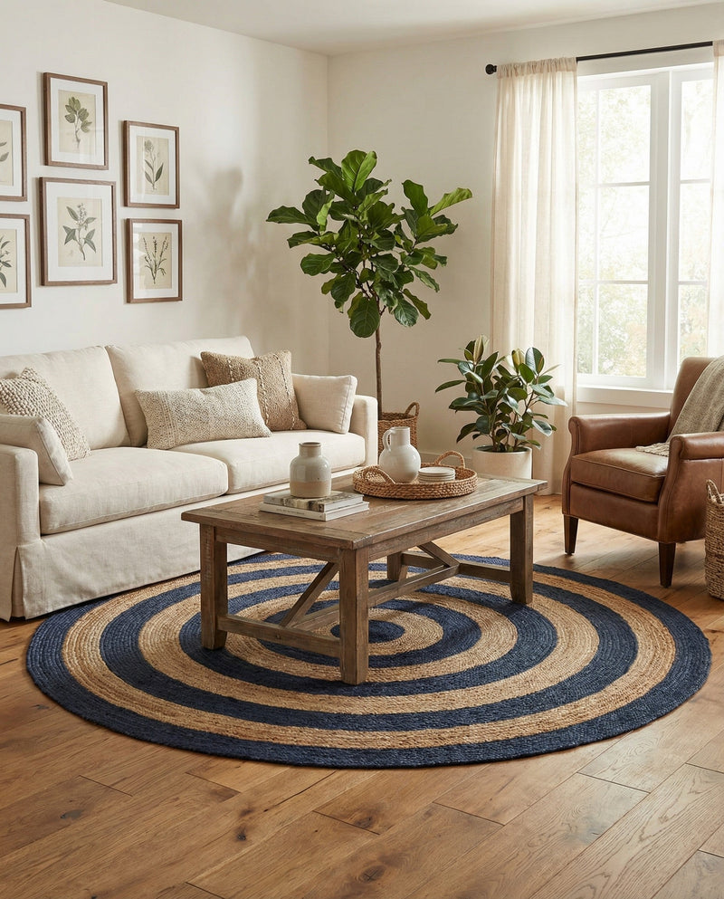 Woven Seaside Jute Collection Area Rug - Nautilus Round Navy Blue Natural  lifestyle 65