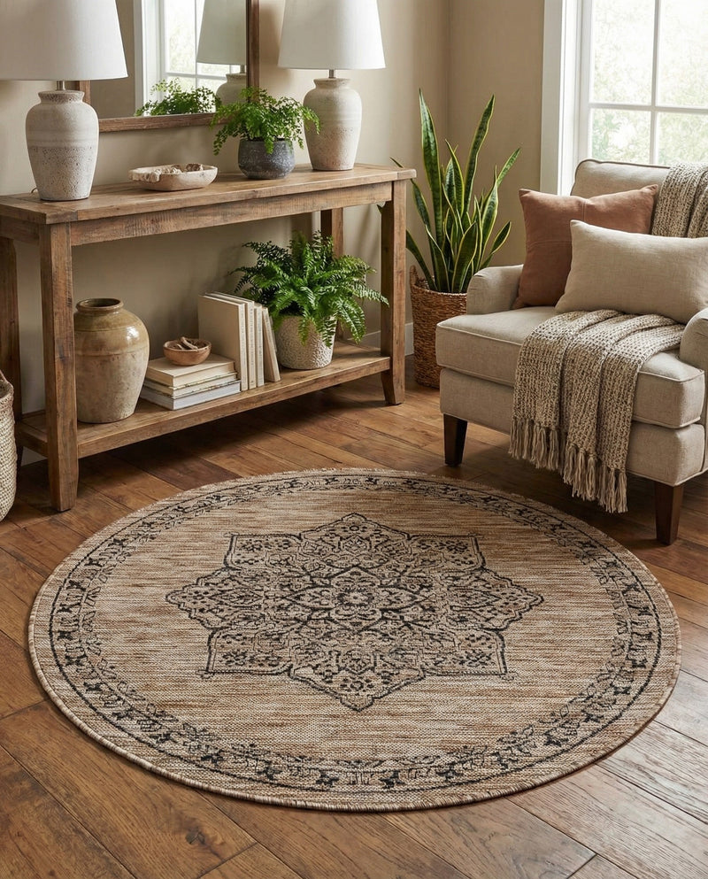 Patio Heritage Collection Area Rug -  Charleston (Beige) Round Beige  lifestyle 50