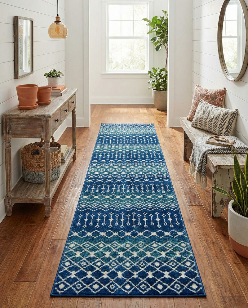 Mediterranean Lattice Collection Area Rug - Santorini (Navy and Teal) Runner Navy and Teal  lifestyle 57