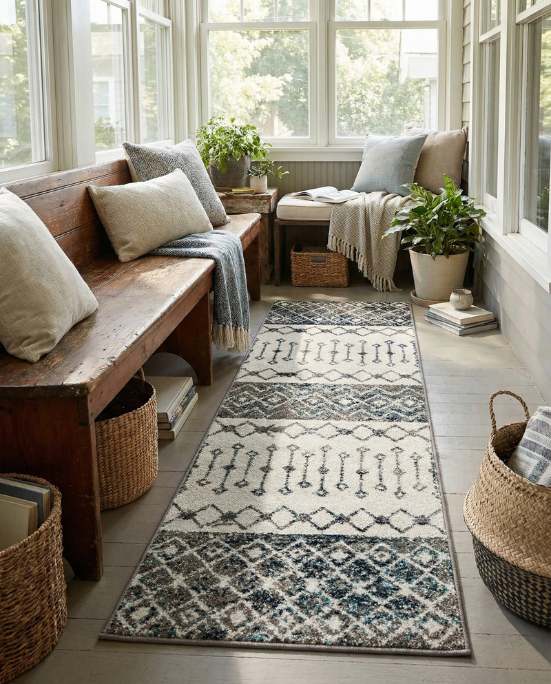 Mediterranean Lattice Collection Area Rug -  Casablanca (Ivory Gray Blue) Runner Ivory Gray Blue  lifestyle 60