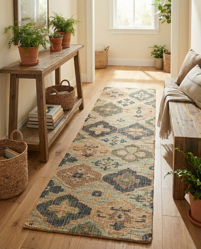 Benares Handwoven Jute Collection Area Rug - Ganges Runner Blue and Green  lifestyle 49