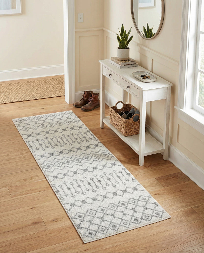 Mediterranean Lattice Collection Area Rug - Santorini (Ivory and Gray) Runner Ivory and Gray  lifestyle 72