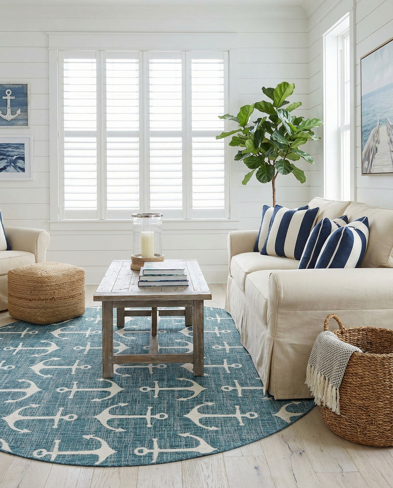 Seaside Haven Rugs Collection Area Rug - Sapphire (Teal) Round Teal  lifestyle 79