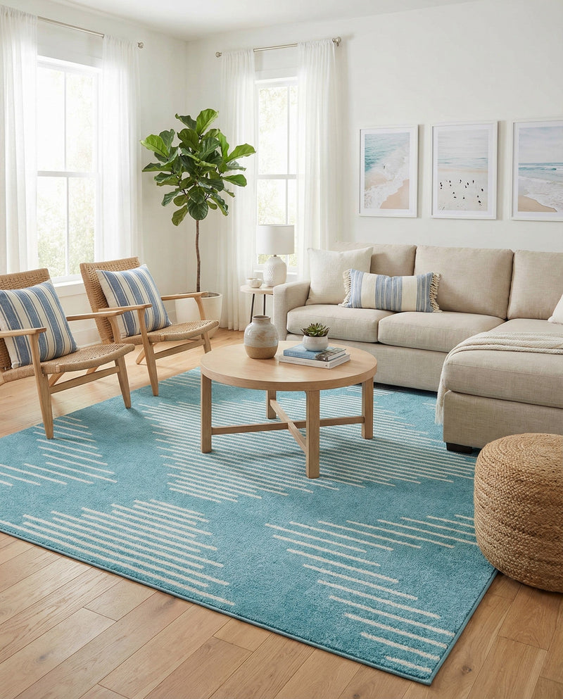 Seychelles Stripes Collection Area Rug - Mahe (Light Blue) Rectangle Light Blue  lifestyle 16